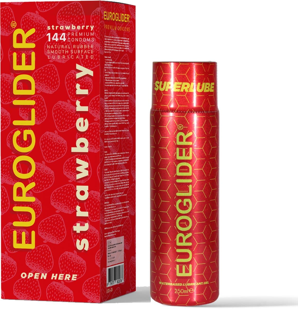 Euroglider Strawberry - 144 stuks Condooms met Aardbei Smaak + Gratis 250ml Euroglider Super lube — afbeelding 1