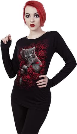 Zwart Lang T-Shirt met Kattenprint op Rozen voor Goth & Rock Stijl — thumbnail 4