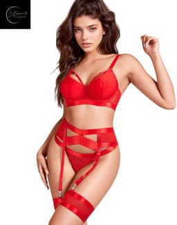 Sexy Lingerieset Dames – Sexy Lingerie – Erotische Lingerie Set – 4-delige Jarretelset – Rood Satijn – Beugel BH – High Waist Lingerie – Boudoir Set – Chique – Kinky – Madam Hommard – Exclusief – Cadeau Set – Dare to Undress – XS, S, M, L, XL — thumbnail 2