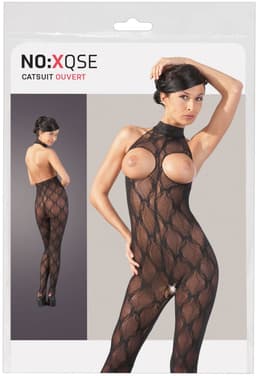 Mandy Mystery Lingerie – Sexy Catsuit Halter Model Klittenband met Vrije Borsten en Open Kruis – Maat SL - Zwart — thumbnail 6