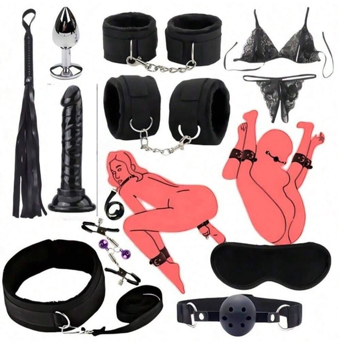 Oneay BDSM Bed Bondage Set - 10 Delig - SM Handboeien - Bedboeien - Enkelboeien - Springzweep - Blinddoek - Sex Toys voor Koppels - Seksspeeltjes voor mannen en vrouwen - Zwart — afbeelding 1