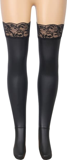 Zeloria Matte Wetlook / PU leer Kousen met Kant Rand – Zwart – Thigh High Stockings met Lace Top – XS-M — thumbnail 12