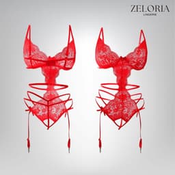 Zeloria Mirella Lingerie Set met Open Kruis – Luxe Kant Bodysuit met Bandjes – Rood – M — thumbnail 5