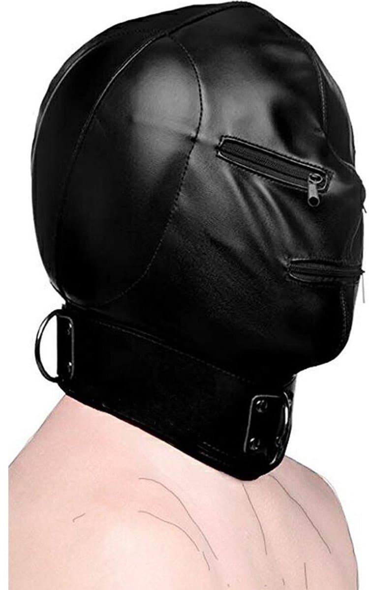 BDSM Masker - PU Leder - Ritsen Bij Ogen En Mond - Halsband - Zwart — afbeelding 1