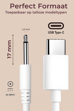 DC oplaadkabel - USB-C naar DC Oplader - USB-C DC 2,5mm Oplaadkabel lengte DC pin 17mm - 80cm - Wit - Voor vibrator - Vibrators — thumbnail 2