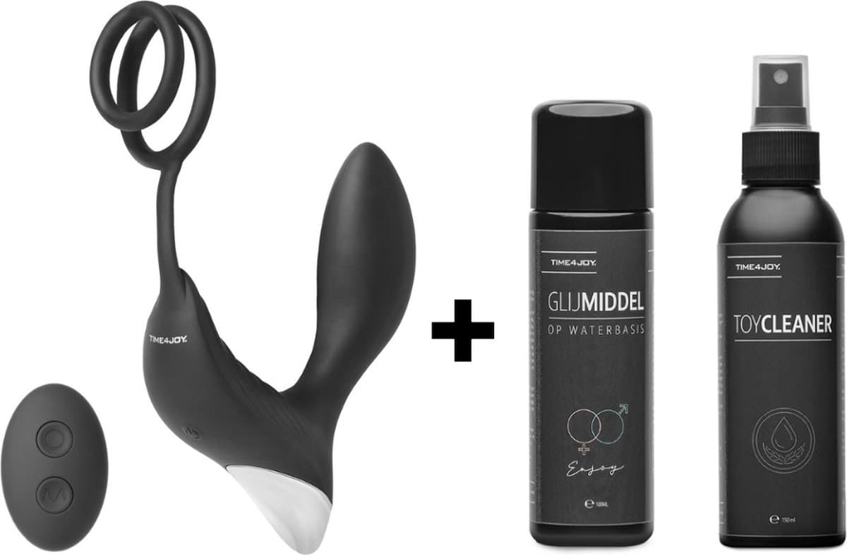 Time 4 Joy® Prostaat Vibrator mannen - Prostaat Stimulator - Sex toys voor mannen - Buttplug & Cockring - Met Afstandsbediening - Zwart - Inclusief spannend E-book - 100ML Glijmiddel op Waterbasis & 150ML Toycleaner — afbeelding 1