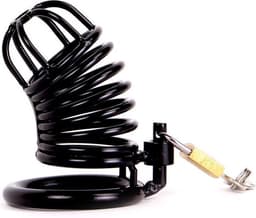 Kuisheidskooi | Chastity Cage van zwarte metalen ringen met hangslot — thumbnail 1