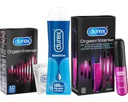 Durex - 10 stuks Condooms - Orgasm Intense - 110ml Glijmiddel - Intense Orgasm 10ml - Play Sensitive 100ml - Voordeelverpakking