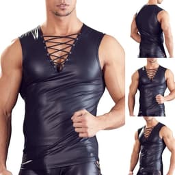 PU lederen top heren- V-hals met veters - Shirt leer - Zonder mouwen - Erotische body mannen - Goede kwaliteit — thumbnail 3
