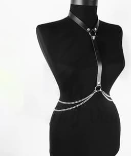 Lederen bodychain harnas BSM - RVS ketting - Verstelbaar - Gespsluiting - Riem - Borst - SM - Seks — thumbnail 4