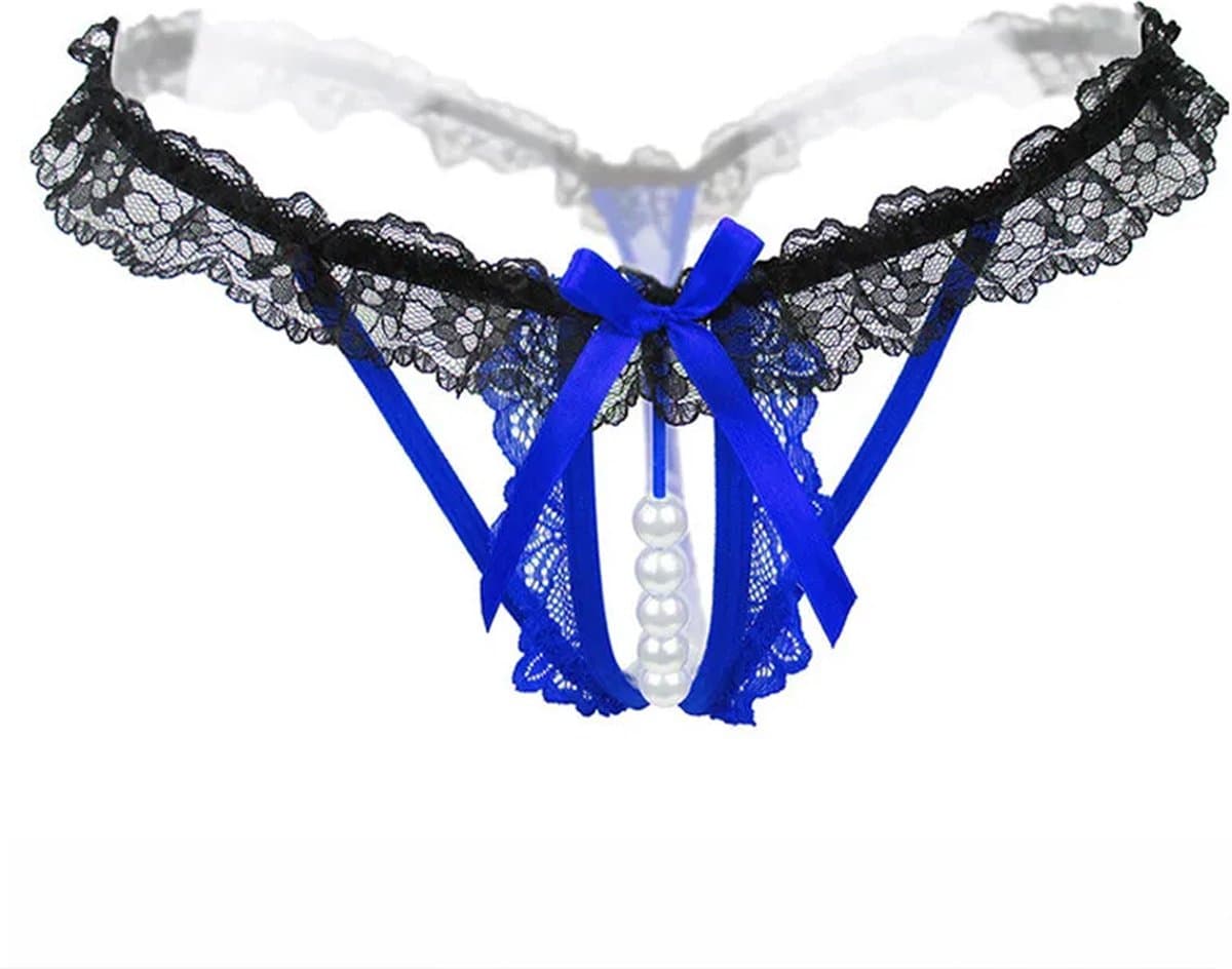 Erotische Lingerie Slipje I Sexy Slipje Met Parels I Sexy String I Open Kruis I Erotisch Ondergoed I Blauw/Zwart — afbeelding 1