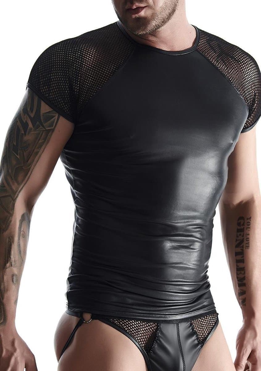 Regnes Fetish Planet – Wetlook & mesh T-shirt met raglanmouwen voor heren – Zwart - Maat XL — afbeelding 1