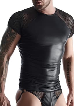 Regnes Fetish Planet – Wetlook & mesh T-shirt met raglanmouwen voor heren – Zwart - Maat XL — thumbnail 1