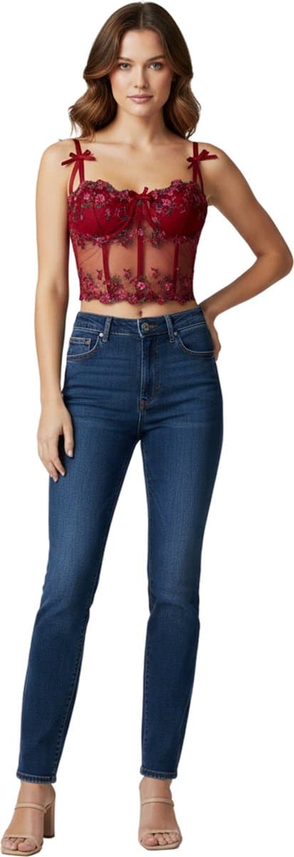 Sexy Lingerie Bustier Dames – Kant Topje met Borduursel – Rood Crop Top — afbeelding 1