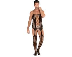 LekkerStout Heren Visnet Bodystocking - Jarretel Look - Open Design - One Size M-XL | LS143