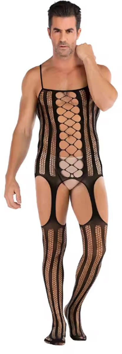 LekkerStout Heren Visnet Bodystocking - Jarretel Look - Open Design - One Size M-XL | LS143 — afbeelding 1