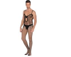 LekkerStout Heren Bodystocking - Zwart - Kant & Visnet - Open Kruis - One Size M–XL | LS116