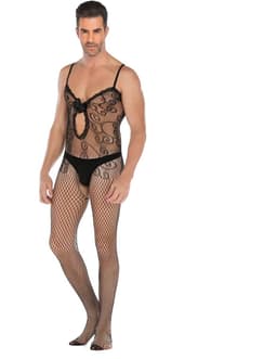 LekkerStout Heren Bodystocking - Zwart - Kant & Visnet - Open Kruis - One Size M–XL | LS116 — thumbnail 1