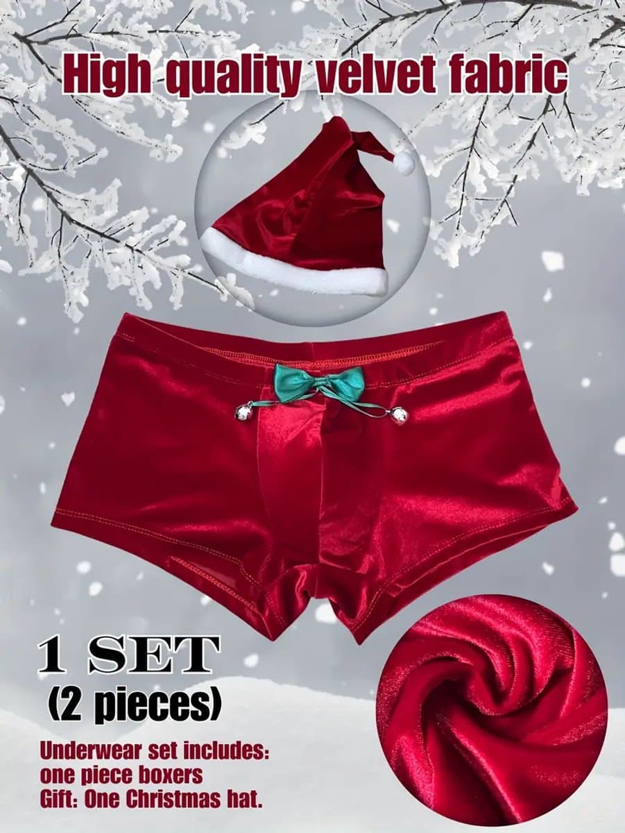 kerstlingerie boxer heren sexy bel fluweel string goedkoop floers sexy erotisch kostuum heren christmas muts — afbeelding 1