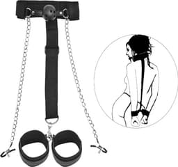 BDSM Harnas met Handboeien Tepelklemmen en Gag Bal - One size - Zwart — thumbnail 1