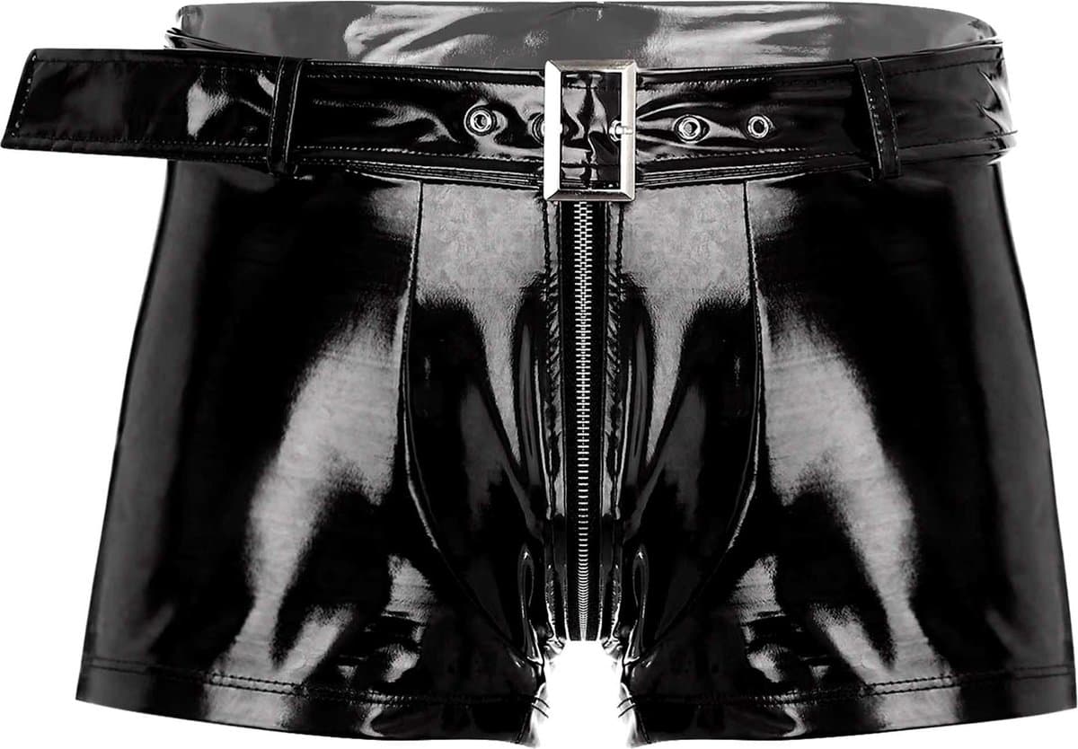 Heren Latex Wetlook Boxershort - Riem en gesp - Faux Leather - Lingerie - Ondergoed - Zwart — afbeelding 1