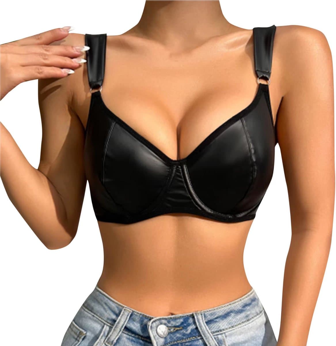 Wetlook Push-up BH – Sexy Lingerie voor Vrouwen – Verstelbare Bandjes – Glanzend Kunstleer — afbeelding 1