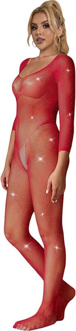 Subblime - 952419 Fishnet Bodystocking With Diamonds Long Sleeve Red Xs/M — thumbnail 5