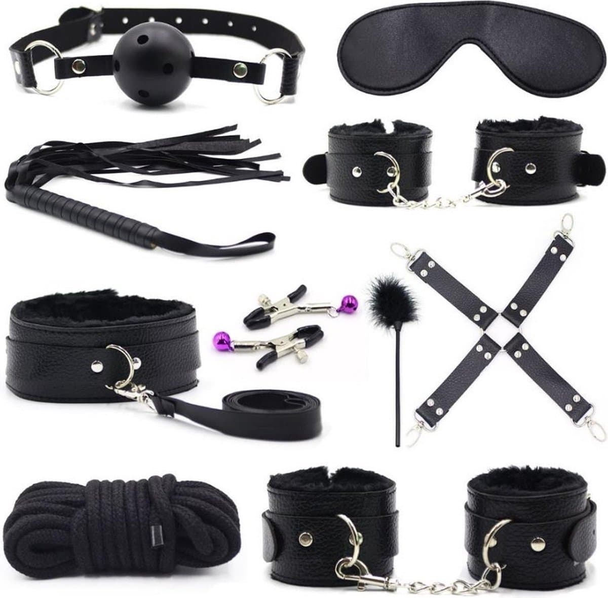BDSM 10-Delige Bondage Set Met Zweep En Handboeien - Sex toys - Bdsm Set - Bondage Set - Zwart — afbeelding 1