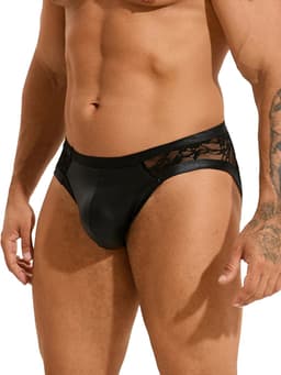 Sexy heren slips van leer en kant - maat S/M - BDSM - black sexy leather lace men underwear - clubwear heren latex ondergoed erotiek mannen — thumbnail 6
