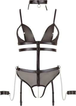 Cottelli Collection – Bondage Lingerie Set met Handboeien en Open Kruis en Tepel Sluiting – Maat S – Zwart — thumbnail 5