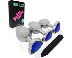 CheekyTreats Metalen Buttplugs voor mannen en vrouwen - Buttplug Set 3-Delig met Vibrator - Anal & Butt Plug - Blauw'