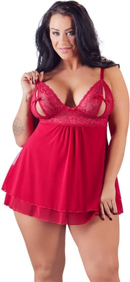 Cottelli Plus Size – Erotische Babydoll met Kanten Buste Motieven en Open Cups – Maat L – Rood — thumbnail 9