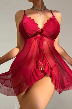 Bordeauxrood Babydoll Nachthemd Set Luxe Lingerie voor Dames S/M L/XL — thumbnail 5