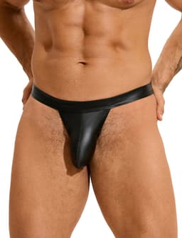 Zeloria Heren String Wetlook – Heren Lingerie – Faux Leather Tanga – Stretch String – Zwart – S — thumbnail 1