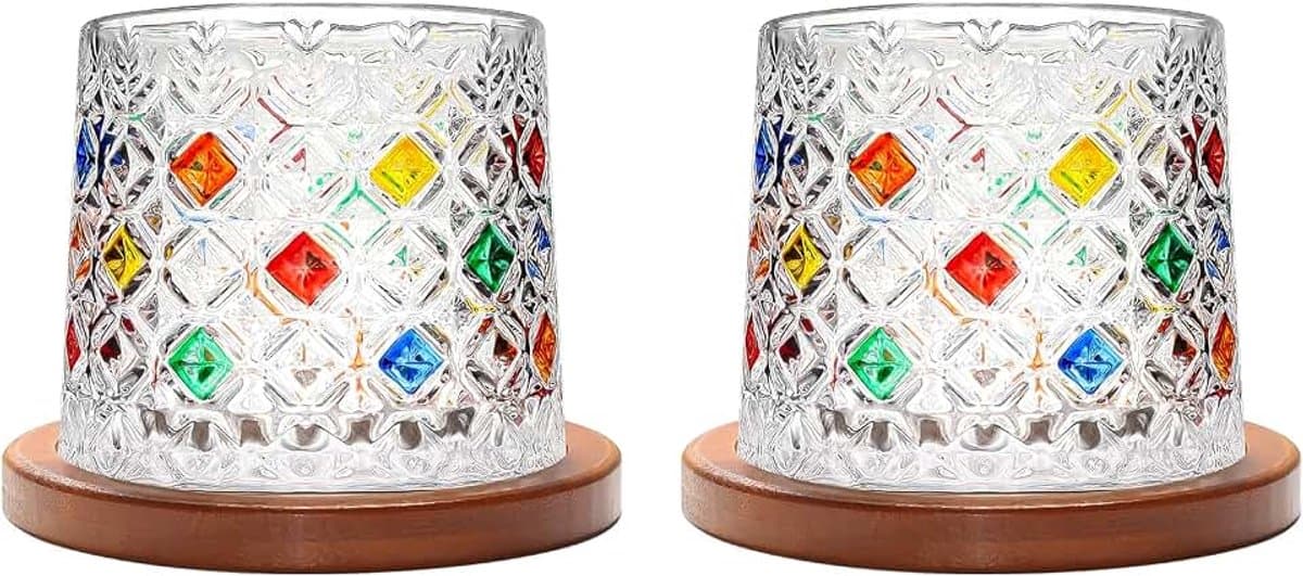 Ouderwetse glazen beker, 275 ml kristallen whiskyglas set van 2, houten onderzetter, verdikking, gebruikt als rumglas, cocktailbeker, koffiekopje, melkbeker om te ontspannen en stress te — afbeelding 1