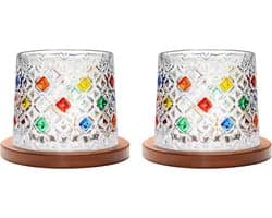 Ouderwetse glazen beker, 275 ml kristallen whiskyglas set van 2, houten onderzetter, verdikking, gebruikt als rumglas, cocktailbeker, koffiekopje, melkbeker om te ontspannen en stress te