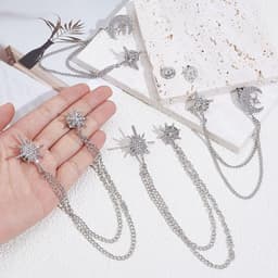 4 stuks 2 stijlen strass ster broche legering ster maan kwast prachtige reversspeld platina strass sneeuwvlok hangende lange kwastnaalden — thumbnail 2