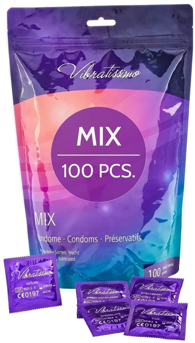 VIBRATISSIMO condooms Mix 100-pack gemengd | gevoelsecht & extra vochtig | Zakje dunne wanddikte & gearomatiseerd | flinterdun genopt & geribbeld | Natuurrubberlatex — afbeelding 1