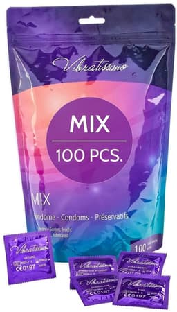VIBRATISSIMO condooms Mix 100-pack gemengd | gevoelsecht & extra vochtig | Zakje dunne wanddikte & gearomatiseerd | flinterdun genopt & geribbeld | Natuurrubberlatex — thumbnail 1