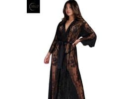 Luxe Erotische Kimono Dames – Sexy Lingerie – Lingerie Erotisch – Zwart – Transparante Kant Kimono – Verleidelijke lingerie & ochtendjas – High End – Chique – Clubwear – Satijnen Strikceintuur– Elegante Nachtkleding – Dare to Undress – S, M, L, XL