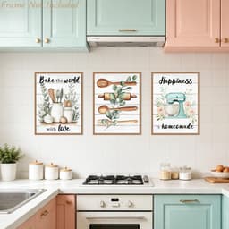 3-delig Farmhouse Bakken Wandkunst, "Bake the World with Love" Mixer & Houten Keukengerei voor Keuken Bakkerij Decor 30x40 cm Niet Ingelijst — thumbnail 2