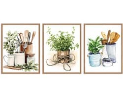 3-delig Aquarel Rustieke Keuken Wandkunst, Kruiden & Keukengerei Potten, Touw, Houten Spatel & Potten voor Restaurant Eetkamer Decor 30x40 cm Niet Ingelijst