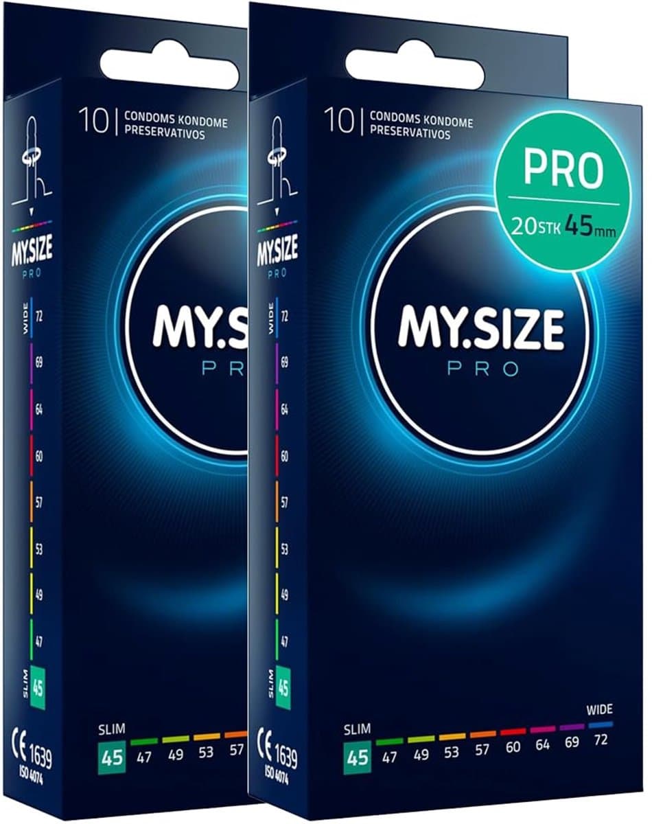 MY.SIZE PRO 20 stuks 45mm Elite condooms, extra slank, zeer zuiver Vytex-latex voor weinig geur, super gemakkelijk te openen en af te rollen — afbeelding 1