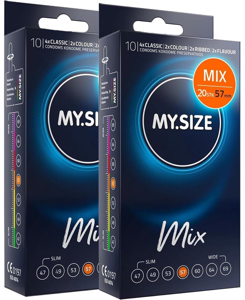 MY.SIZE Mix condooms 57mm 20 stuks – XL pasvorm | Soorten: blauw, Rood met aardbeienaroma, Geribbeld, Naturel | Premium kwaliteitscondooms | Duits merk | 0,07mm wanddikte | van natuurrubberlatex — afbeelding 1