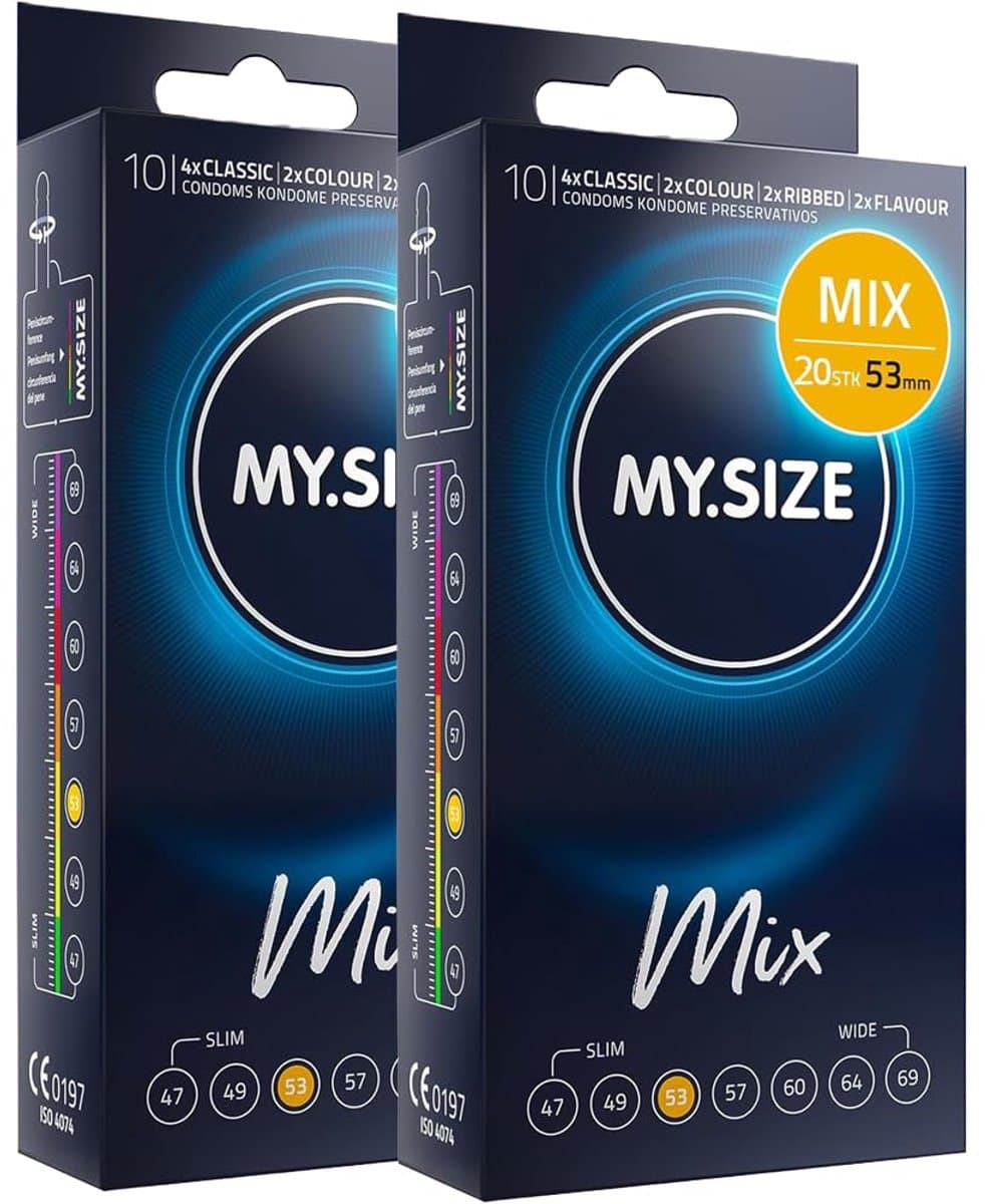 MY.SIZE Mix condooms 53mm 20 stuks-reguliere pasvorm | Soorten: blauw, Rood met aardbeienaroma, Geribbeld, Naturel | Premium kwaliteitscondooms | Duits merk | 0,07mm wanddikte — afbeelding 1