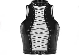 Erotische top open hollow out - PU Leder BDSM - Latex Wetlook kleren - Open borst met veters - Halsband sluiting - Sexy vrouwen kleding - RedParrot — thumbnail 4