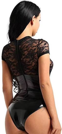 Sexy Latex Mesh Bodysuit - Transparante Kant en Glanzend Wetlook - Verleidelijke Lingerie — thumbnail 3