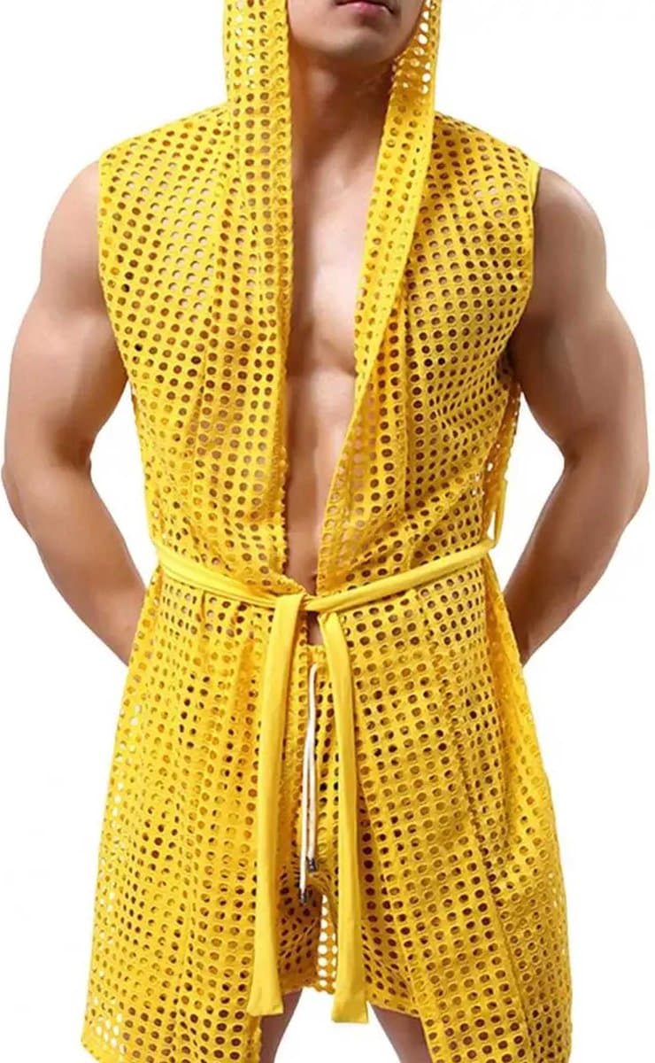 Transparante heren badjas - Capuchon - Geel - Sexy en erotisch - Polyester — afbeelding 1