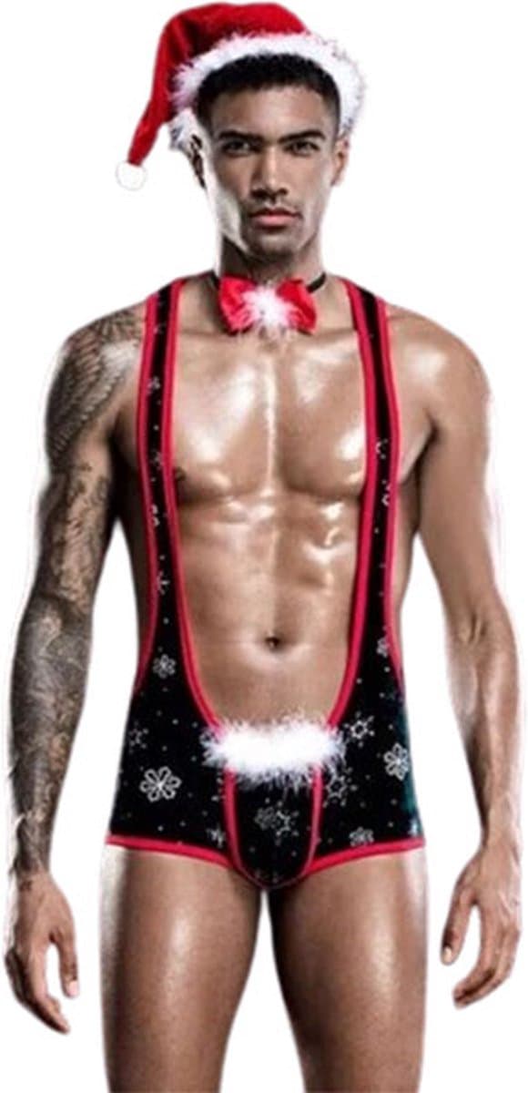 Erotische kerstman outfit - Jumpsuit - Kerstmuts - Strikje - Rollenspel - Kerst — afbeelding 1