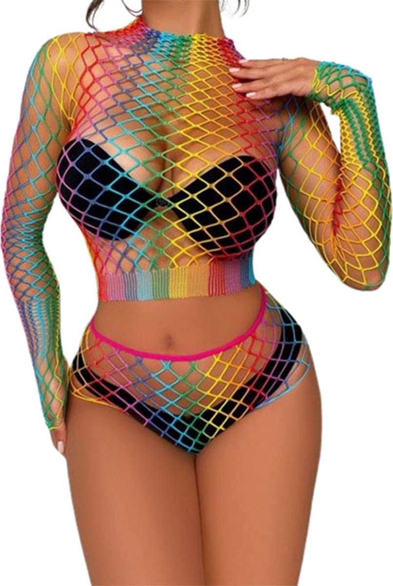 Cover-up Rainbow visnet Topje en Short - Sexy kleding voor haar - Regenboog outfit - Erotisch lingerie setje - Festival - Thema - Rollenspel — afbeelding 1